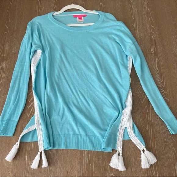 NWOT Lilly Pulitzer Damara Coolmax Crochet/Tassel Details Sweater Turquoise Sz M - Picture 3 of 16